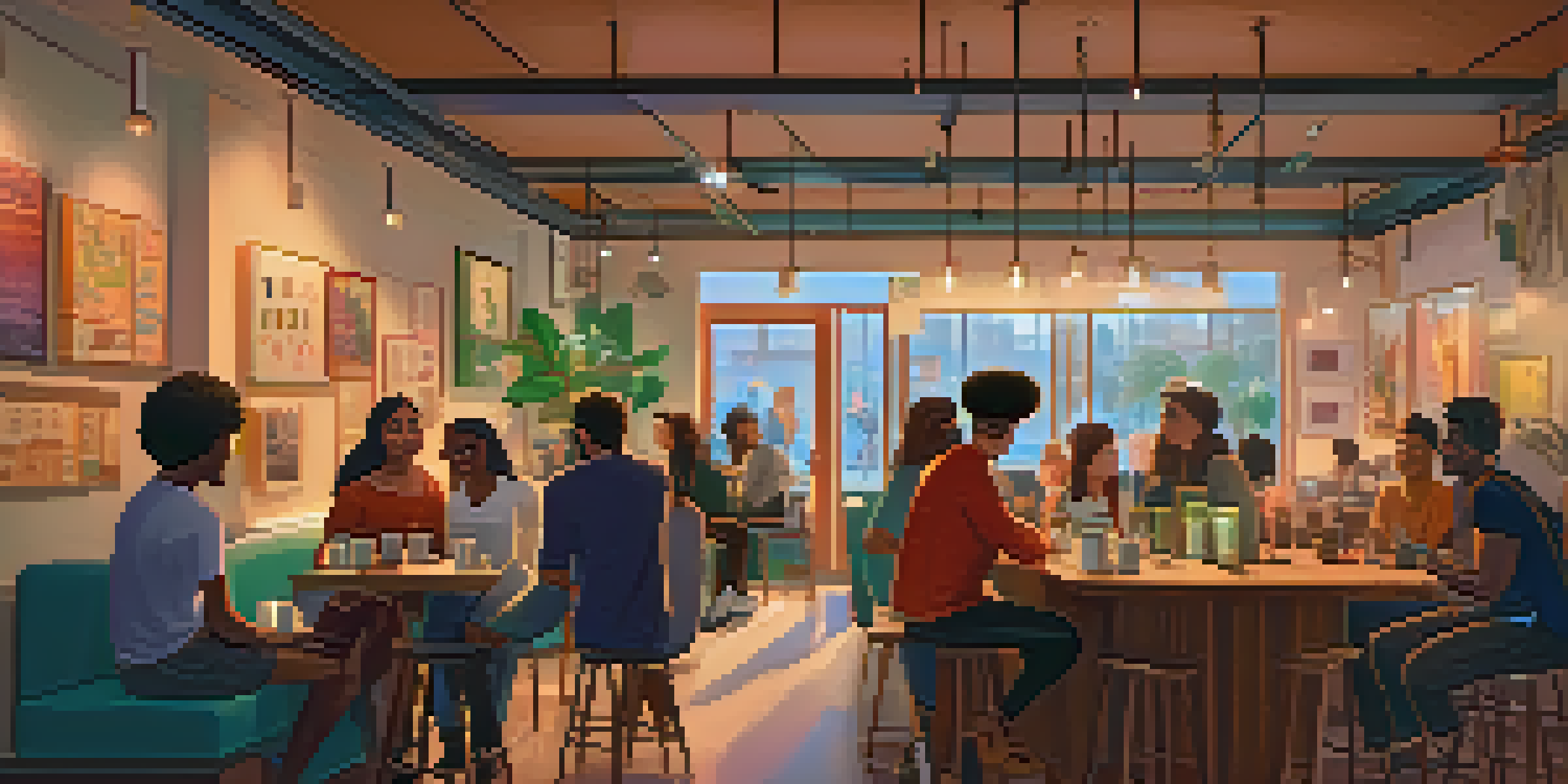 A cozy coffee shop filled with diverse people discussing NFTs, warm lighting, and colorful artwork on the walls.