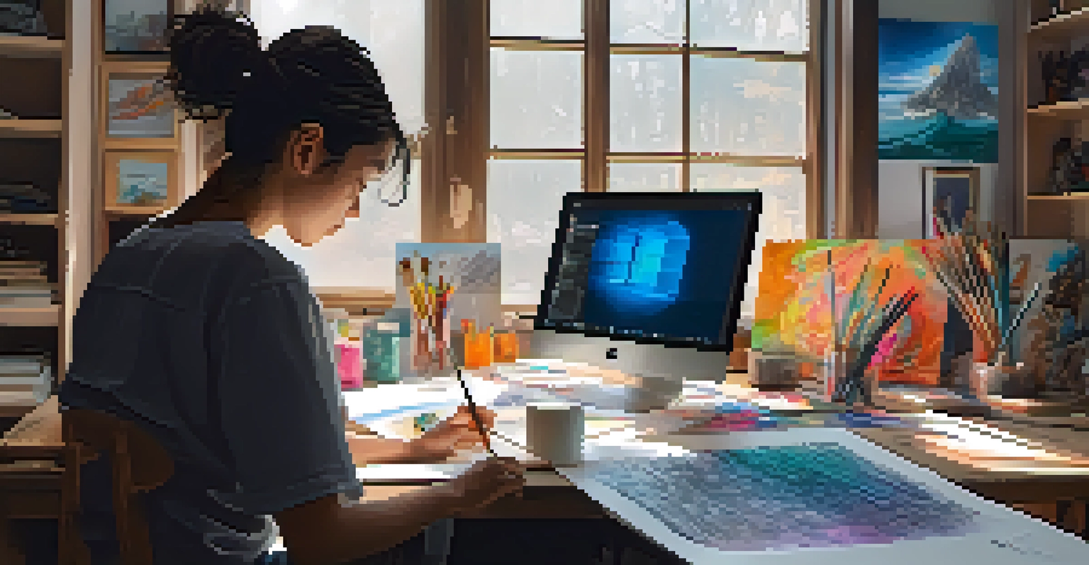 An artist's workspace with digital tools and a monitor showing an evolving NFT artwork.