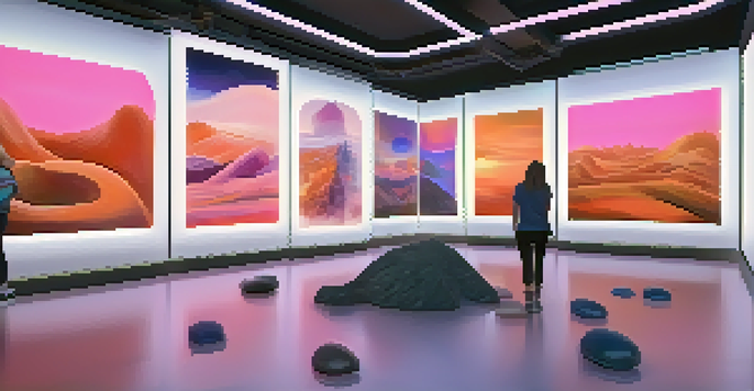 A digital art gallery in the metaverse with interactive sculptures and paintings, filled with virtual visitors engaging with the artworks.