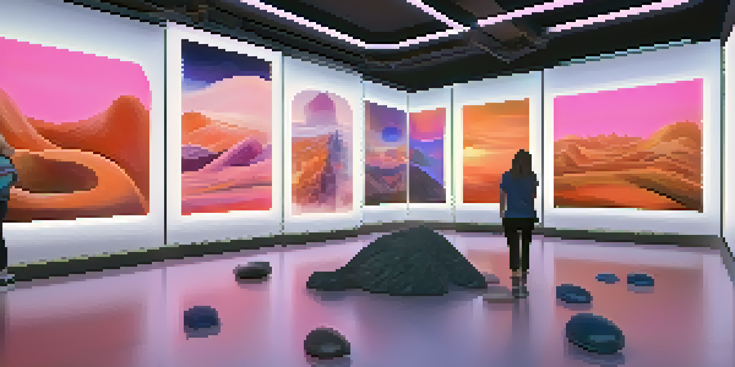A digital art gallery in the metaverse with interactive sculptures and paintings, filled with virtual visitors engaging with the artworks.