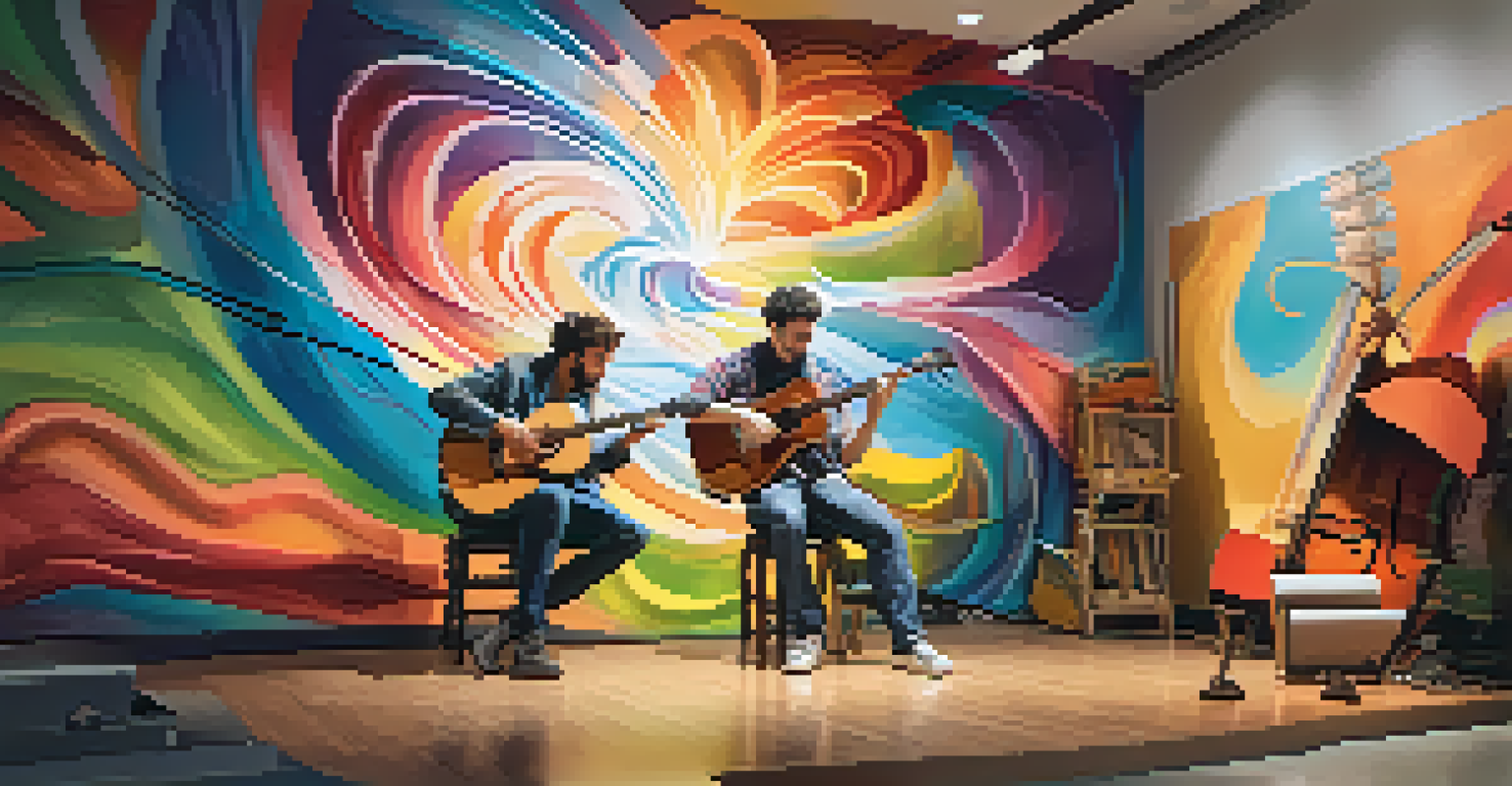 A visual artist painting a mural and a musician playing guitar, symbolizing collaboration between art and music.