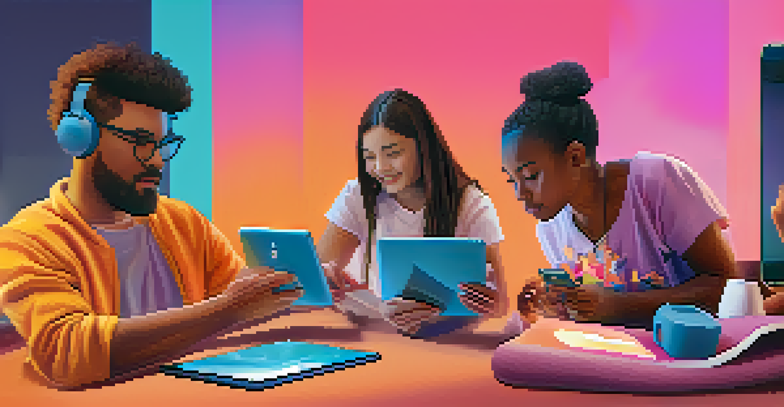 A diverse group of people using tablets and smartphones to engage with an NFT tutorial in a bright, modern setting filled with digital art.