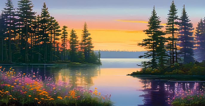 A peaceful lake at sunrise, surrounded by wildflowers and pine trees, with mist rising from the water.
