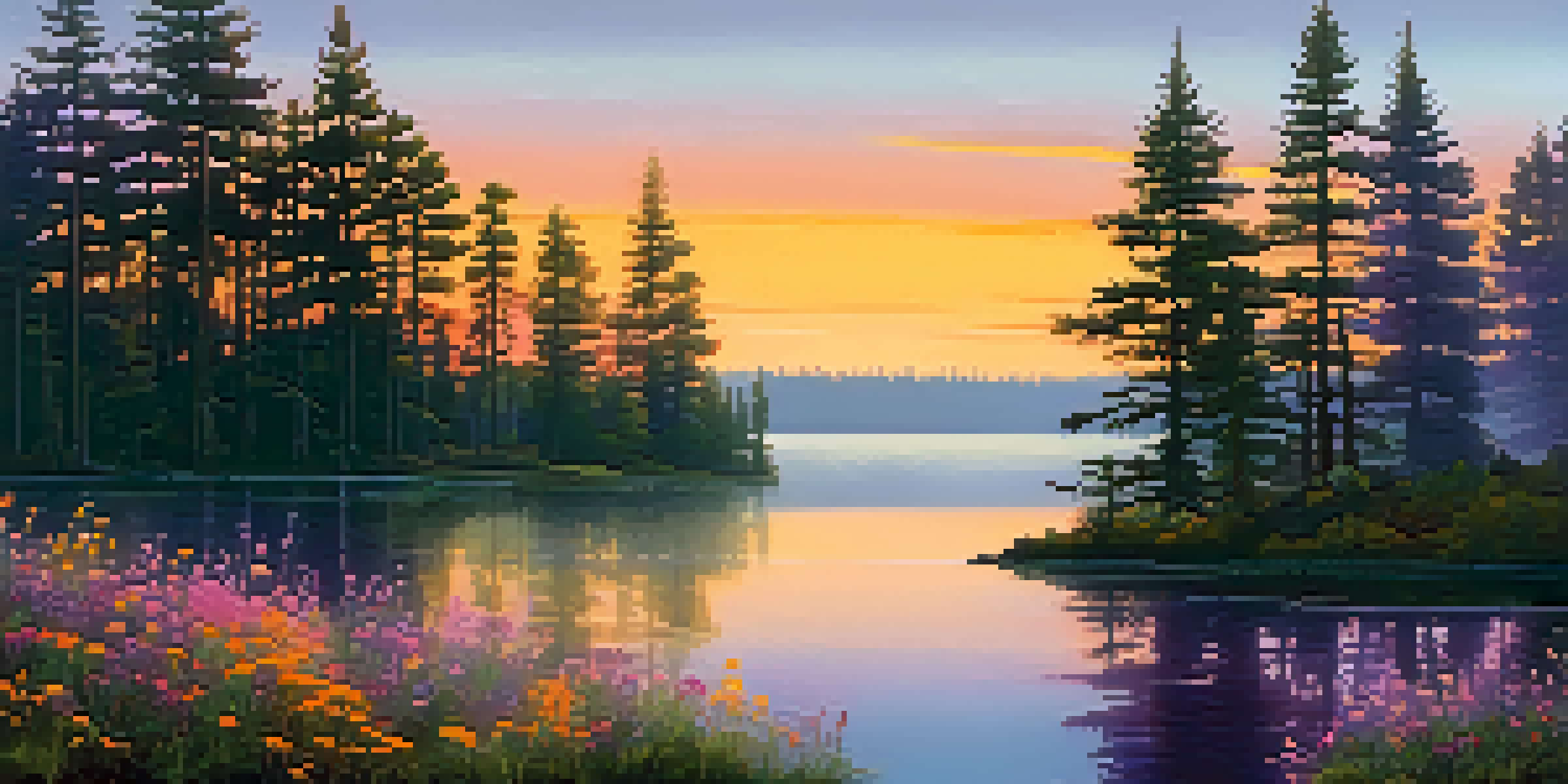 A peaceful lake at sunrise, surrounded by wildflowers and pine trees, with mist rising from the water.