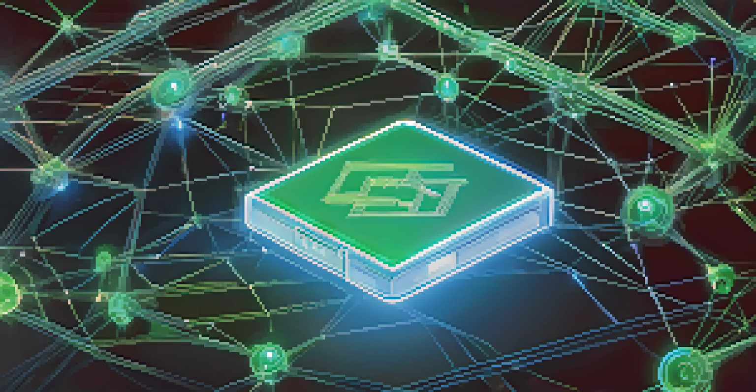 An artistic depiction of a blockchain network with glowing nodes and a digital wallet symbolizing security and trust.