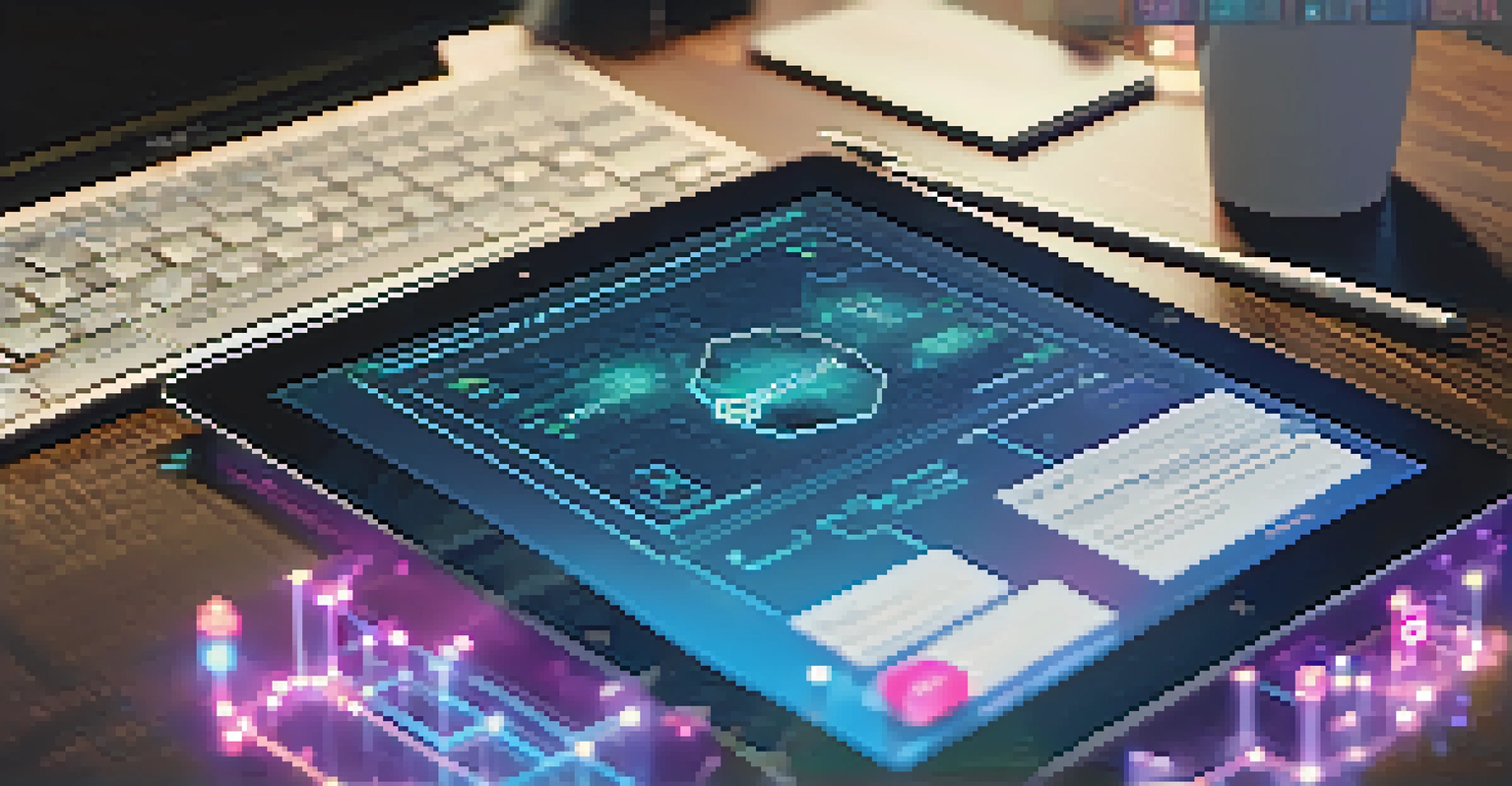 A high-tech tablet displaying a smart contract interface with code and blockchain data, surrounded by holographic icons of digital assets.
