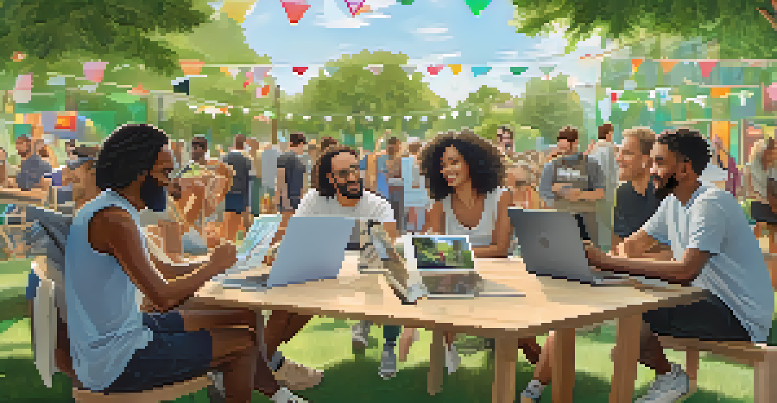 A diverse group of NFT creators discussing their projects outdoors, surrounded by nature, with digital art displayed on tablets.