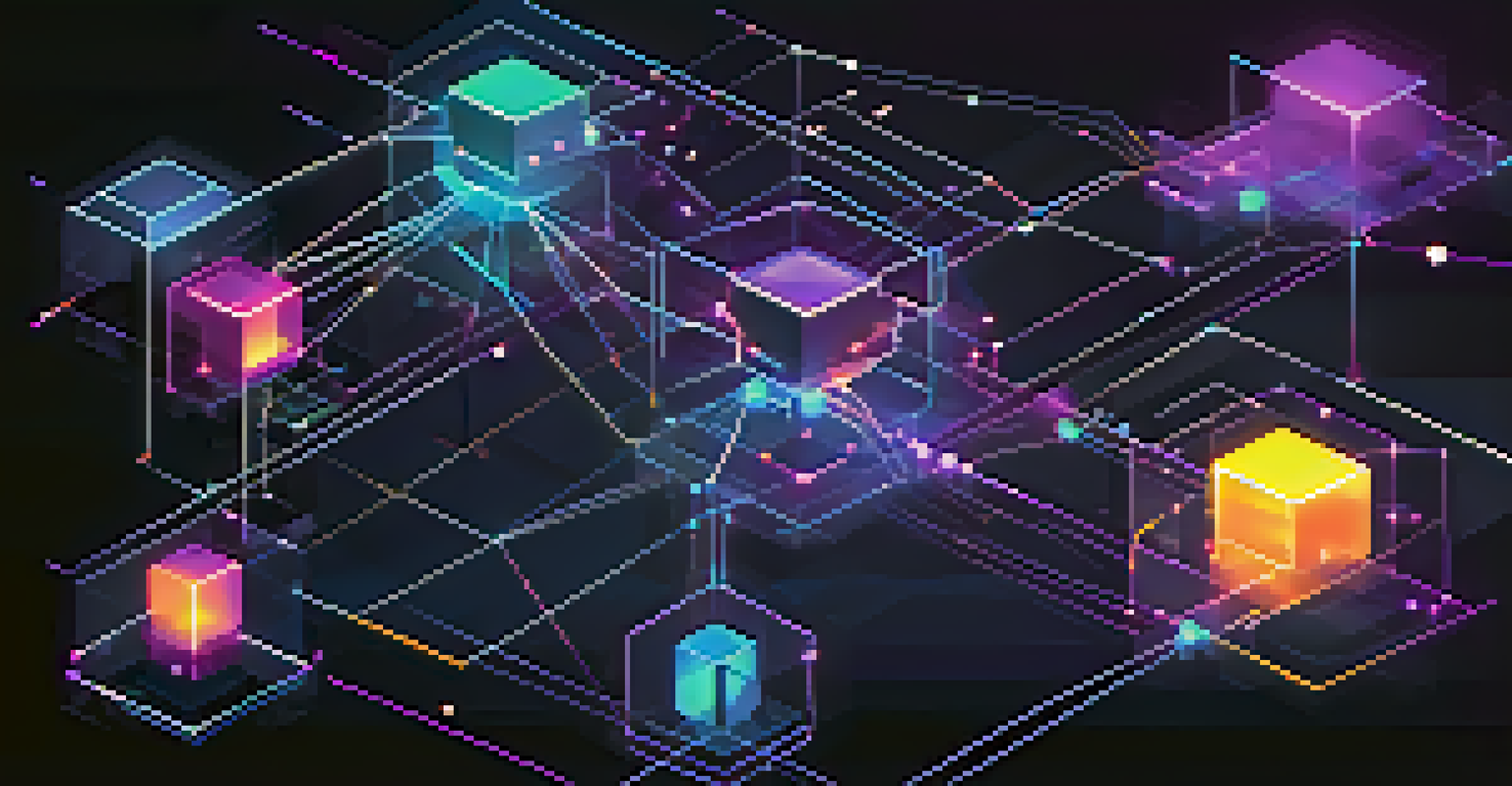 An abstract visual of blockchain technology with glowing nodes and lines representing research transparency and collaboration.