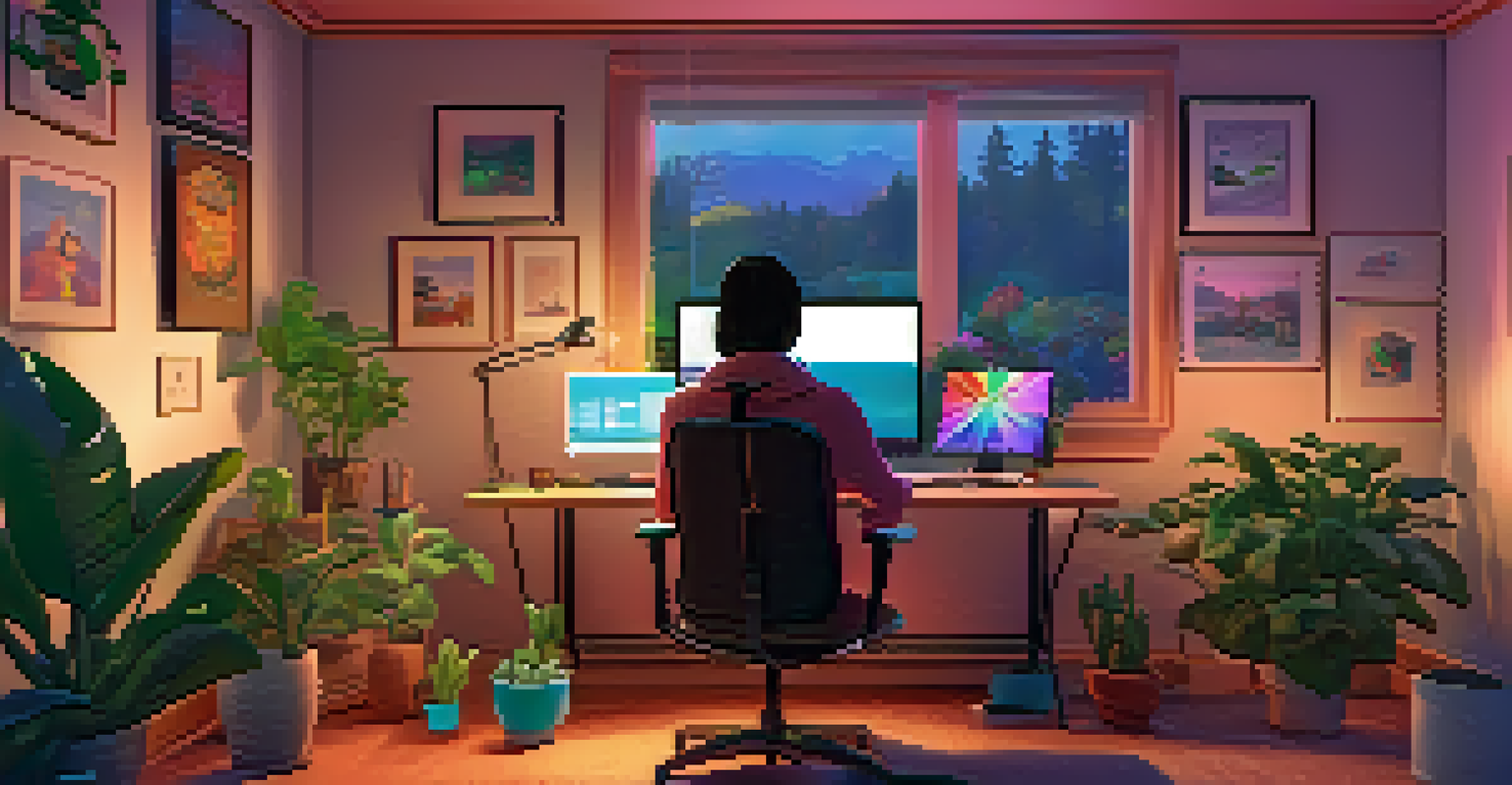 A person in a cozy home office interacting with a colorful virtual pet NFT on their computer.