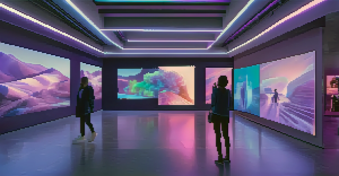 An art gallery with digital screens displaying colorful NFTs, illuminated by soft blue and purple lights, with visitors engaging with the artworks.
