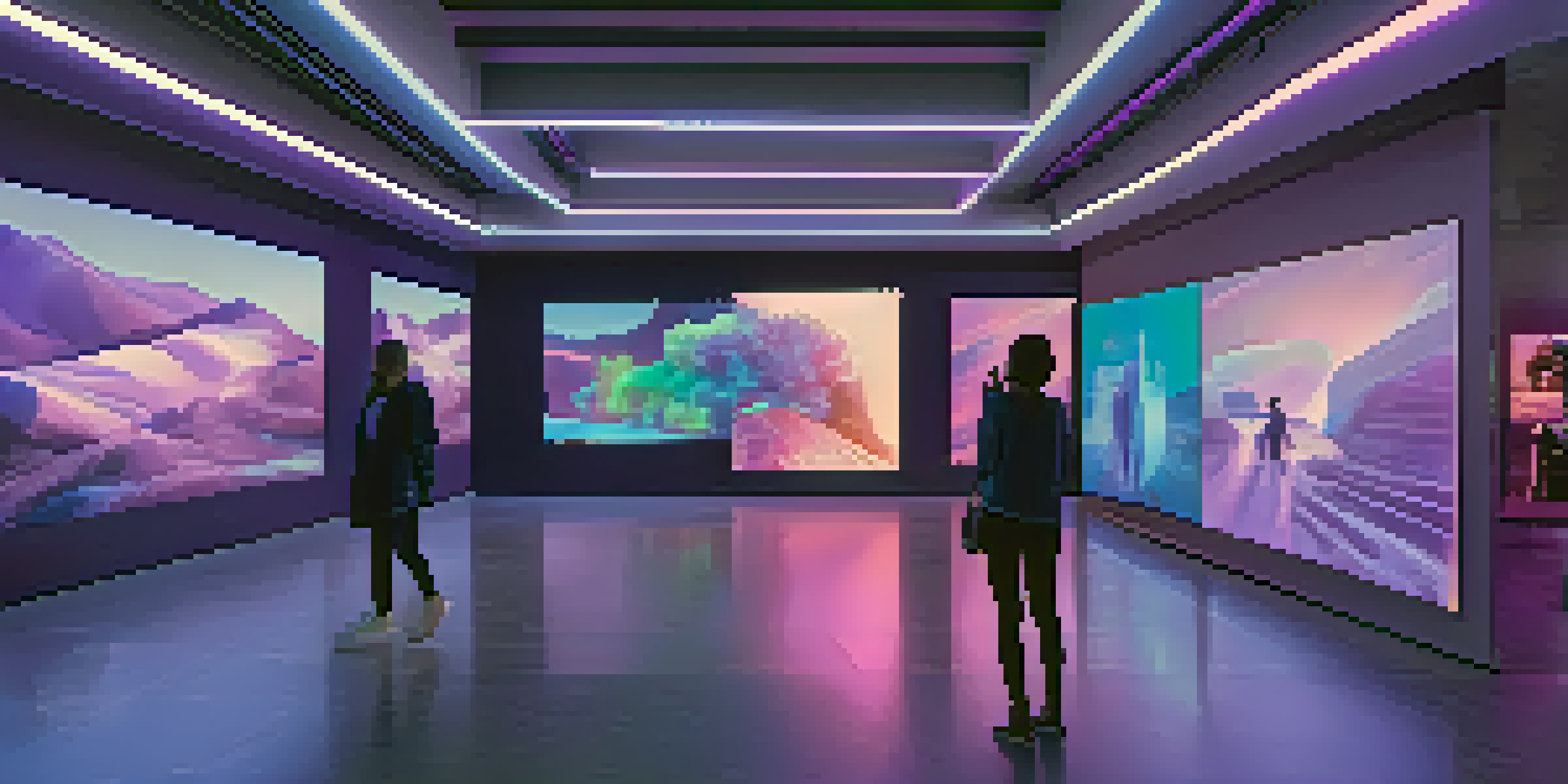 An art gallery with digital screens displaying colorful NFTs, illuminated by soft blue and purple lights, with visitors engaging with the artworks.