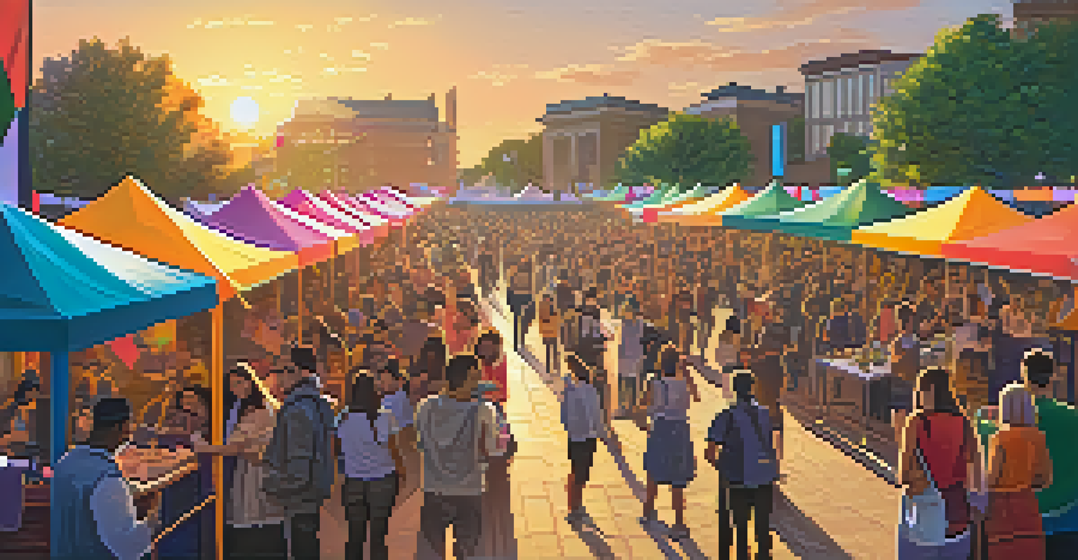 A community festival with members showcasing their NFTs, engaging in discussions under colorful banners and a warm sunset.