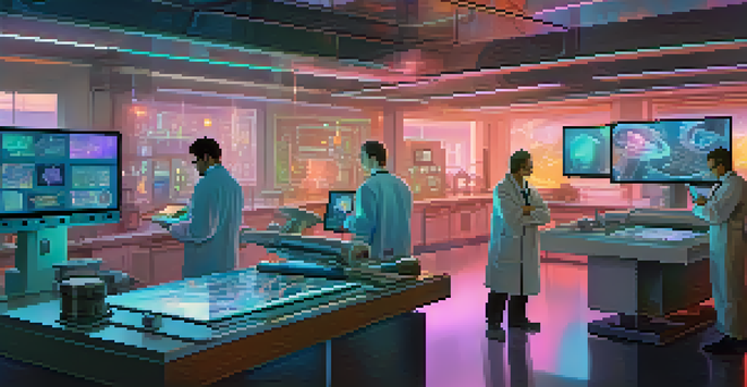 A modern laboratory with scientists collaborating over digital tablets displaying NFT art, surrounded by holographic scientific discoveries.