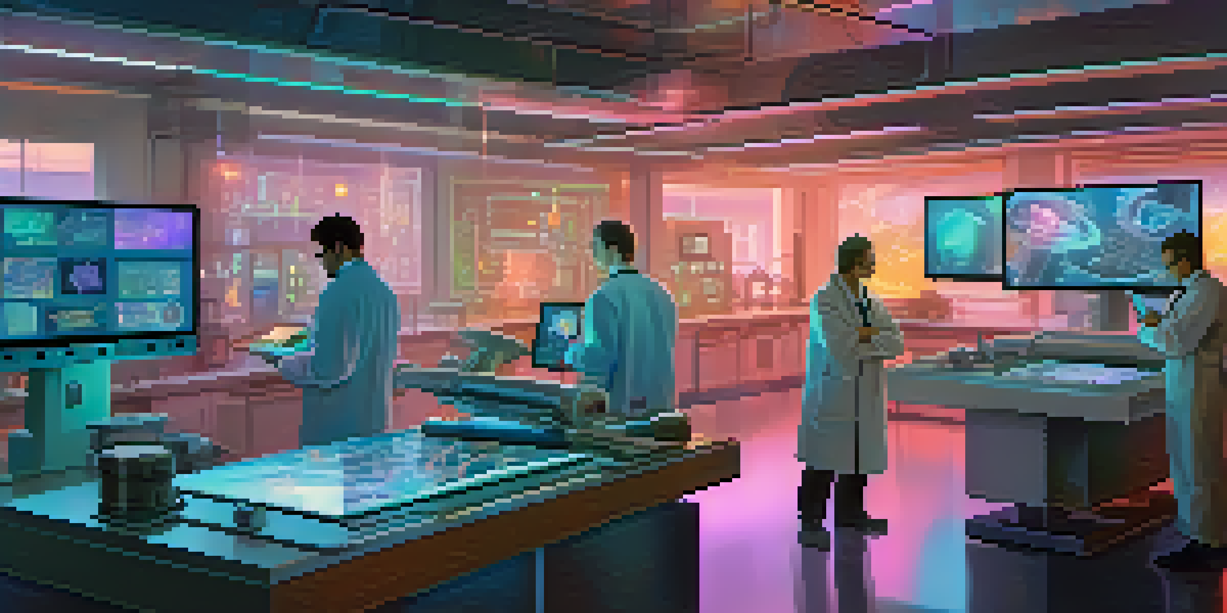 A modern laboratory with scientists collaborating over digital tablets displaying NFT art, surrounded by holographic scientific discoveries.