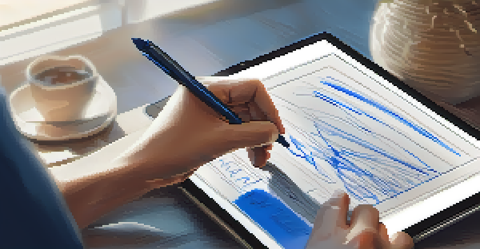 A close-up view of a digital signature being applied to a document on a tablet, with a vibrant blue signature and a wooden desk background illuminated by natural light.