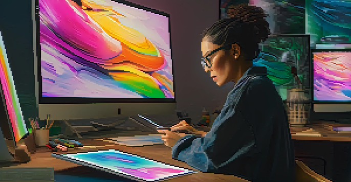 A digital artist working in a colorful studio, creating NFT art on a tablet, surrounded by vibrant artworks.