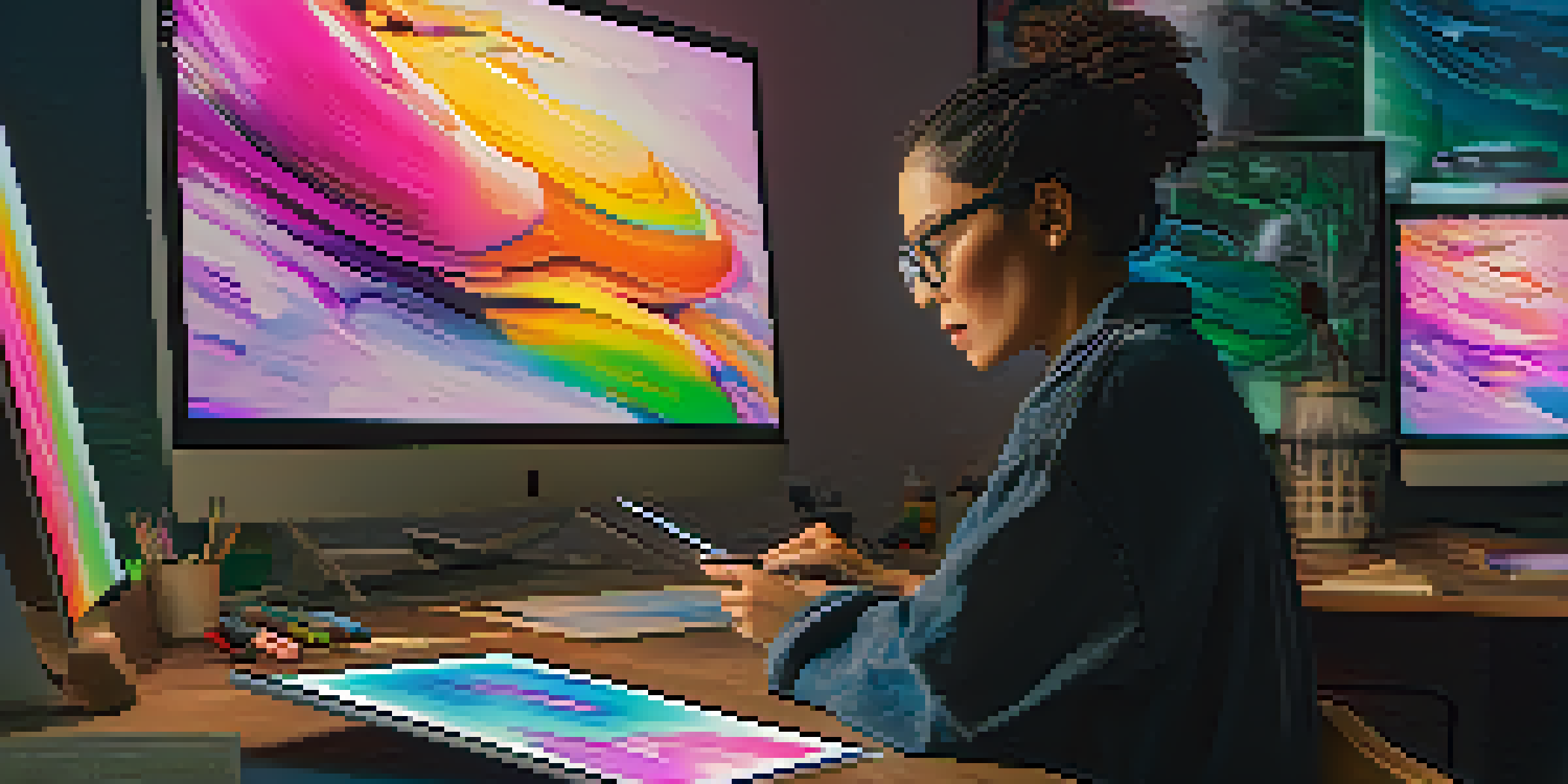 A digital artist working in a colorful studio, creating NFT art on a tablet, surrounded by vibrant artworks.