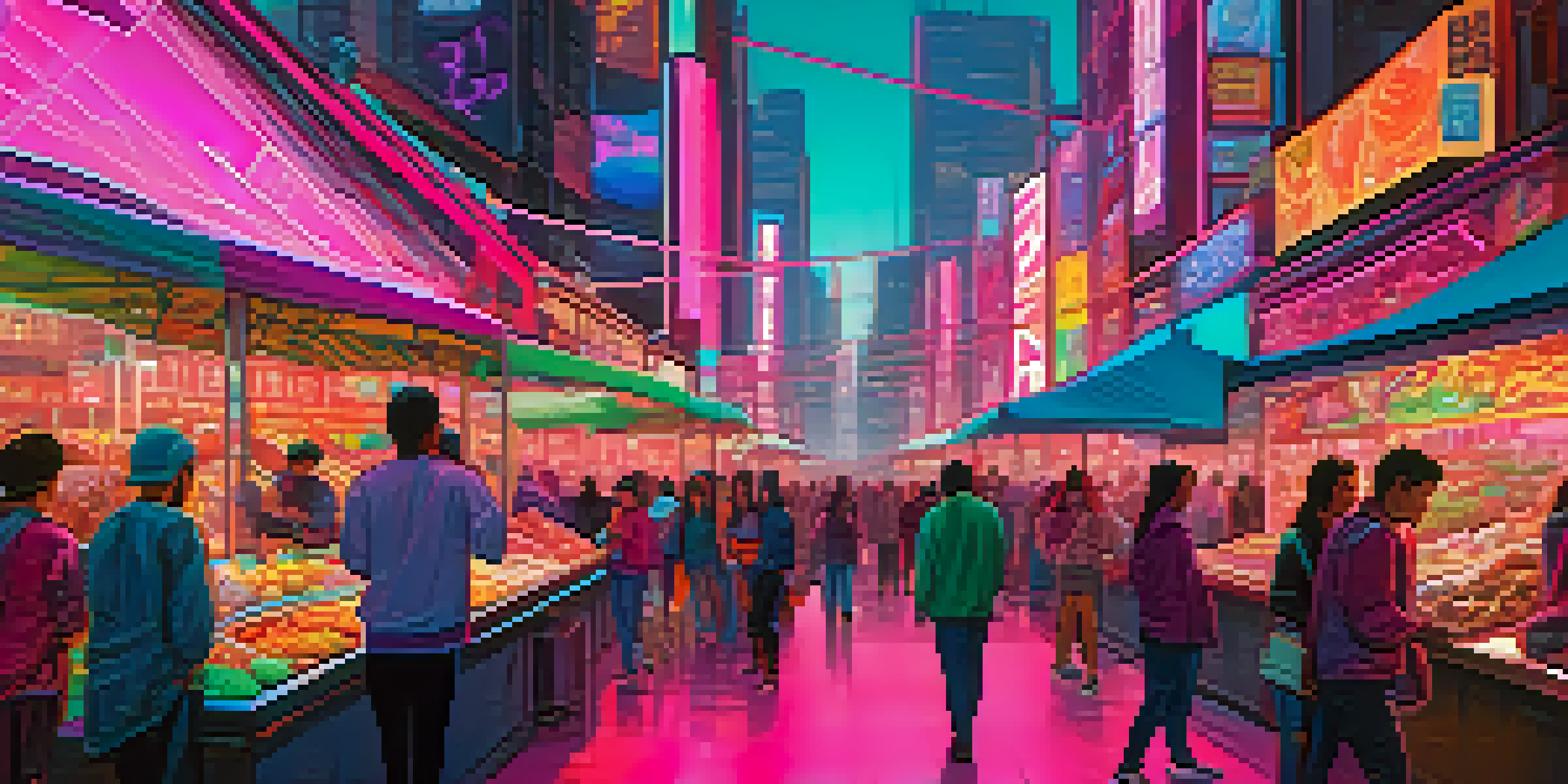 A lively NFT marketplace filled with digital art displays and people interacting in a futuristic city atmosphere.