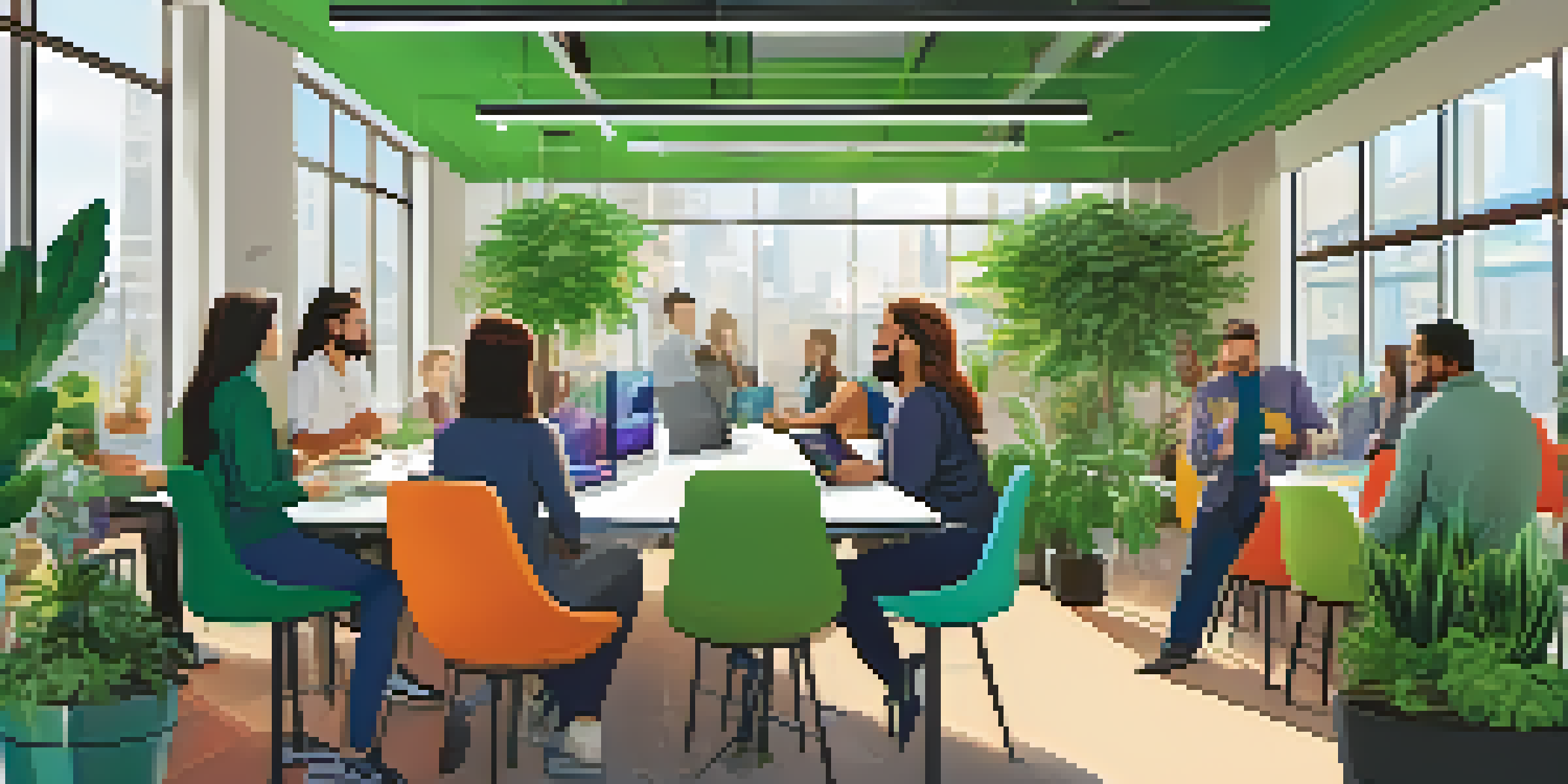 A group of employees in a bright office discussing NFTs with digital tablets showing unique designs.