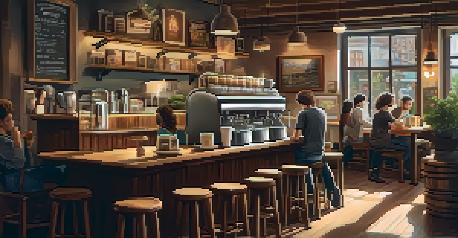 A barista pouring latte art in a cozy coffee shop, with warm lighting and customers in the background.