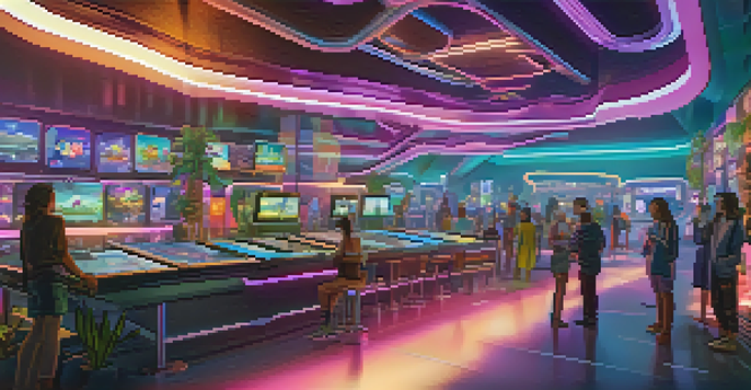 A colorful futuristic gaming environment with players interacting with NFTs and engaging in cooperative tasks.