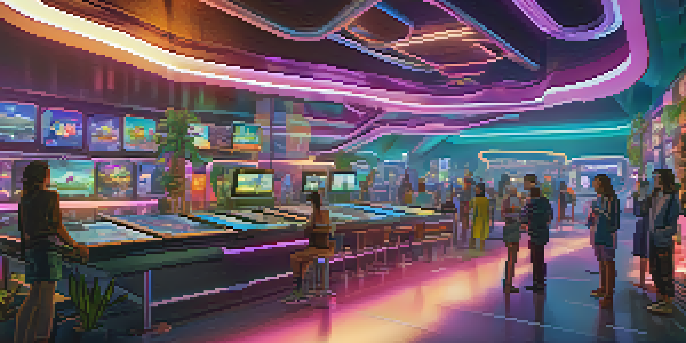 A colorful futuristic gaming environment with players interacting with NFTs and engaging in cooperative tasks.