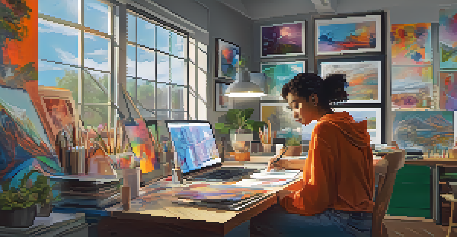 An artist working at a desk, minting an NFT with sketches and digital devices around.