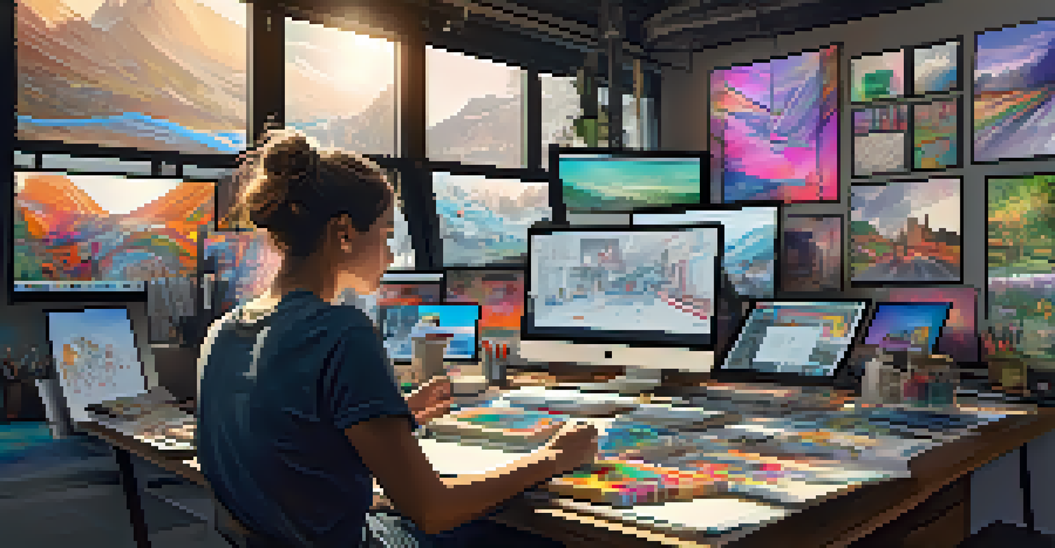 An artist working at a digital workstation, with colorful digital art displayed on multiple screens.