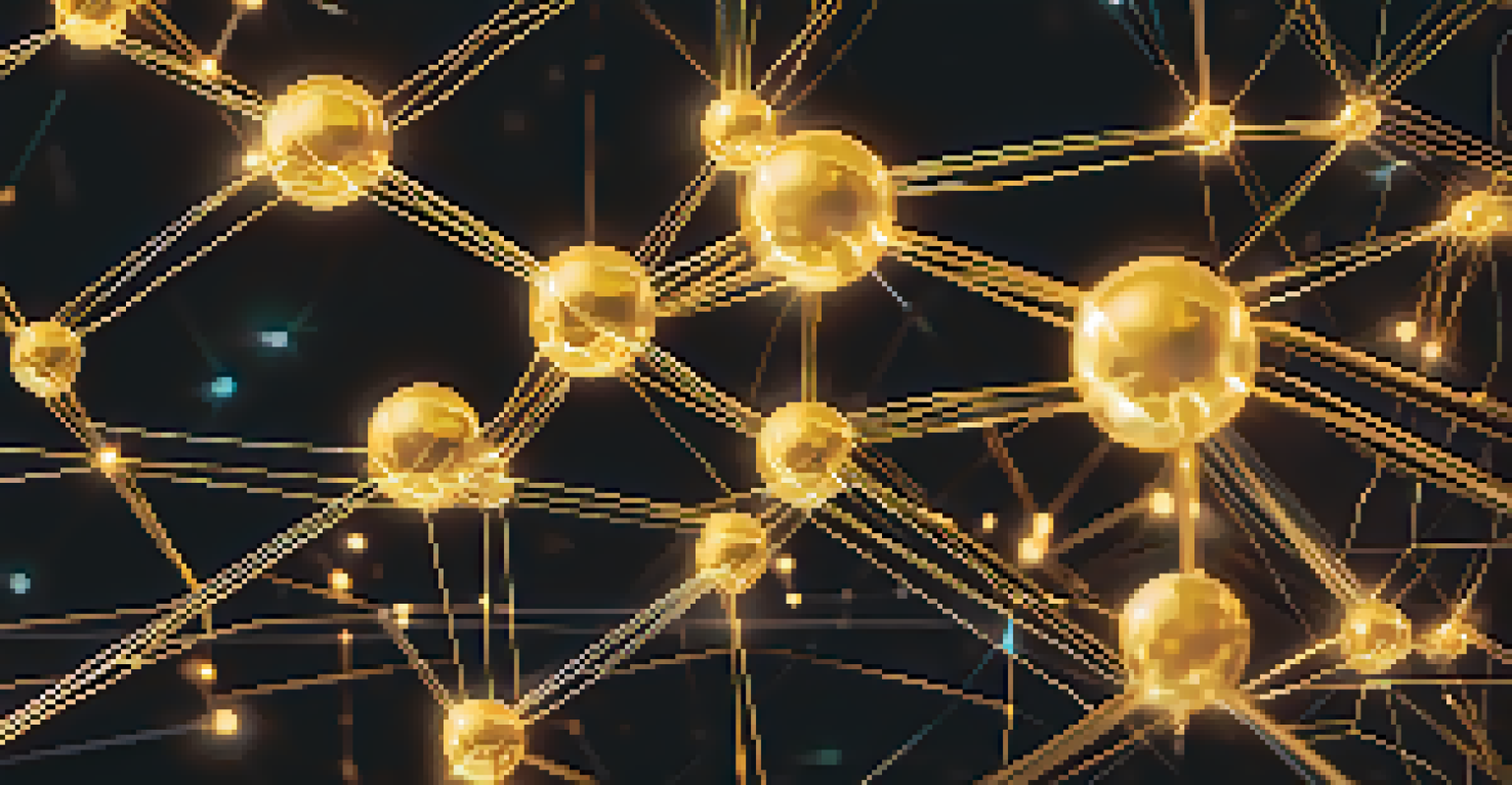 An abstract representation of a blockchain network with glowing nodes and interconnected lines, illustrating digital transactions.
