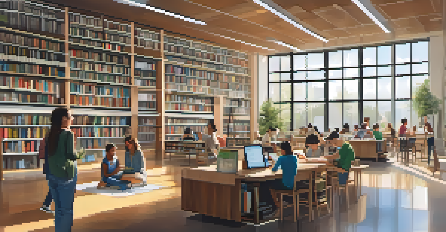 A modern library with readers using e-readers and surrounded by shelves of books, illuminated by natural light.