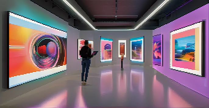 A modern digital art gallery filled with colorful NFT artworks displayed on virtual screens, with visitors interacting and examining the pieces.