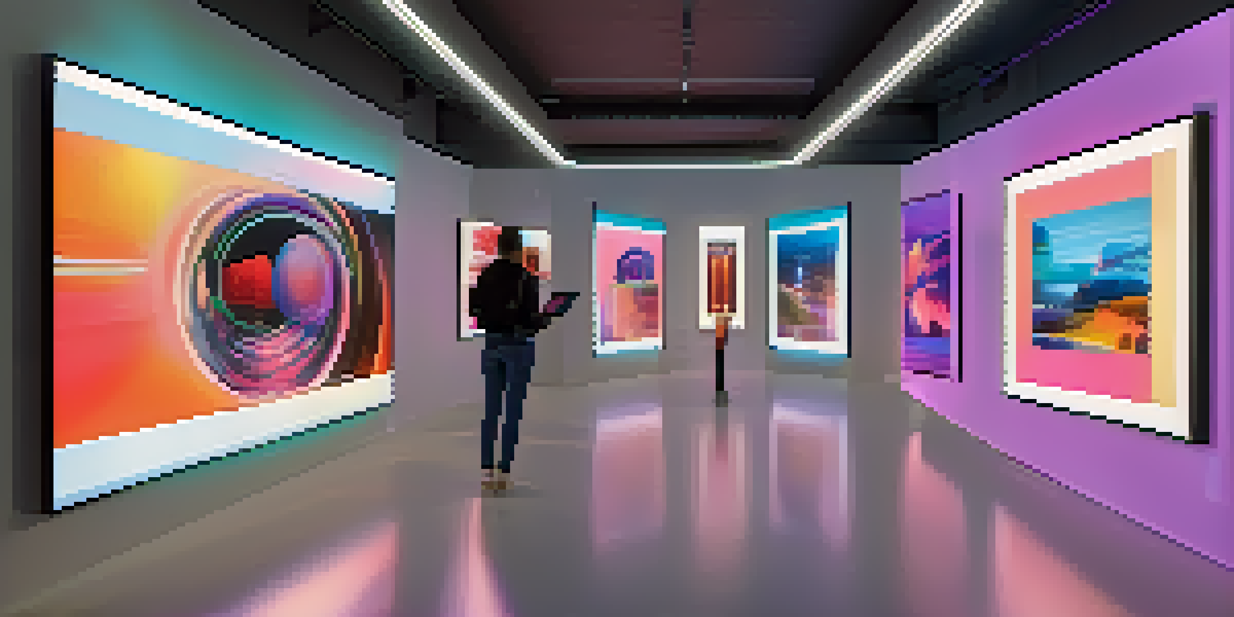 A modern digital art gallery filled with colorful NFT artworks displayed on virtual screens, with visitors interacting and examining the pieces.