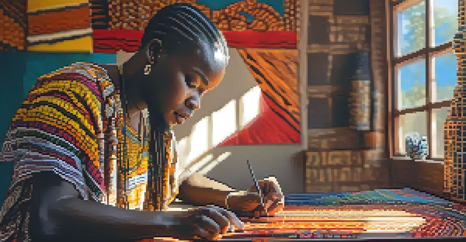 An artist painting traditional African art, with colorful patterns around and natural light illuminating the scene.