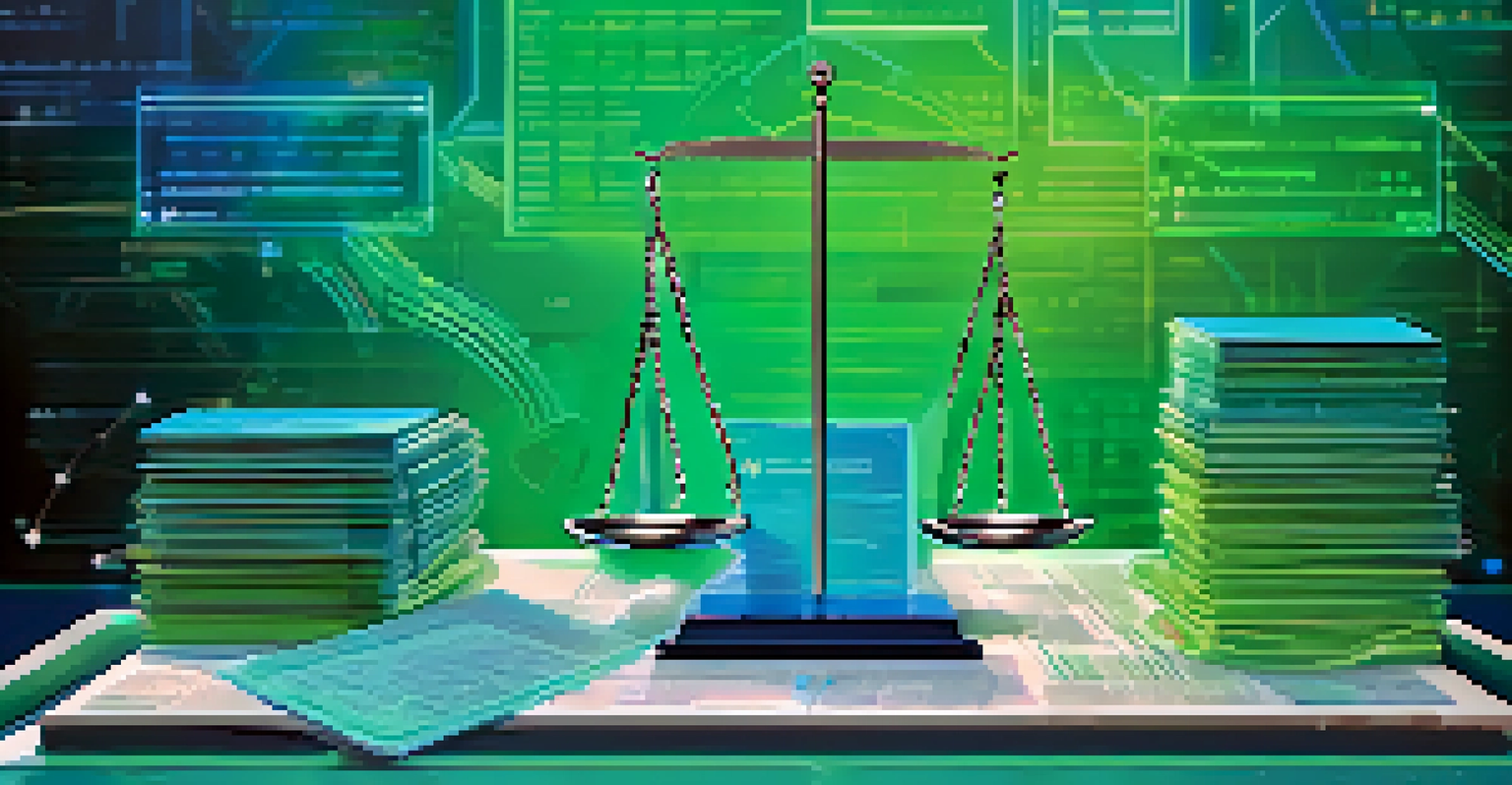 An abstract image showcasing a digital scale with NFT icons and legal documents, set against a blue-green gradient background with circuit patterns.