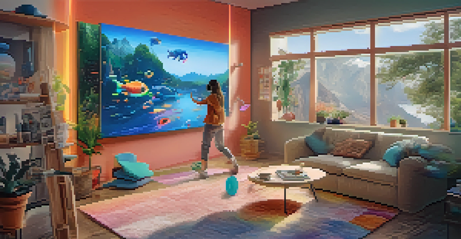 A user wearing AR glasses, interacting with floating digital NFTs in a real-world living room setting.