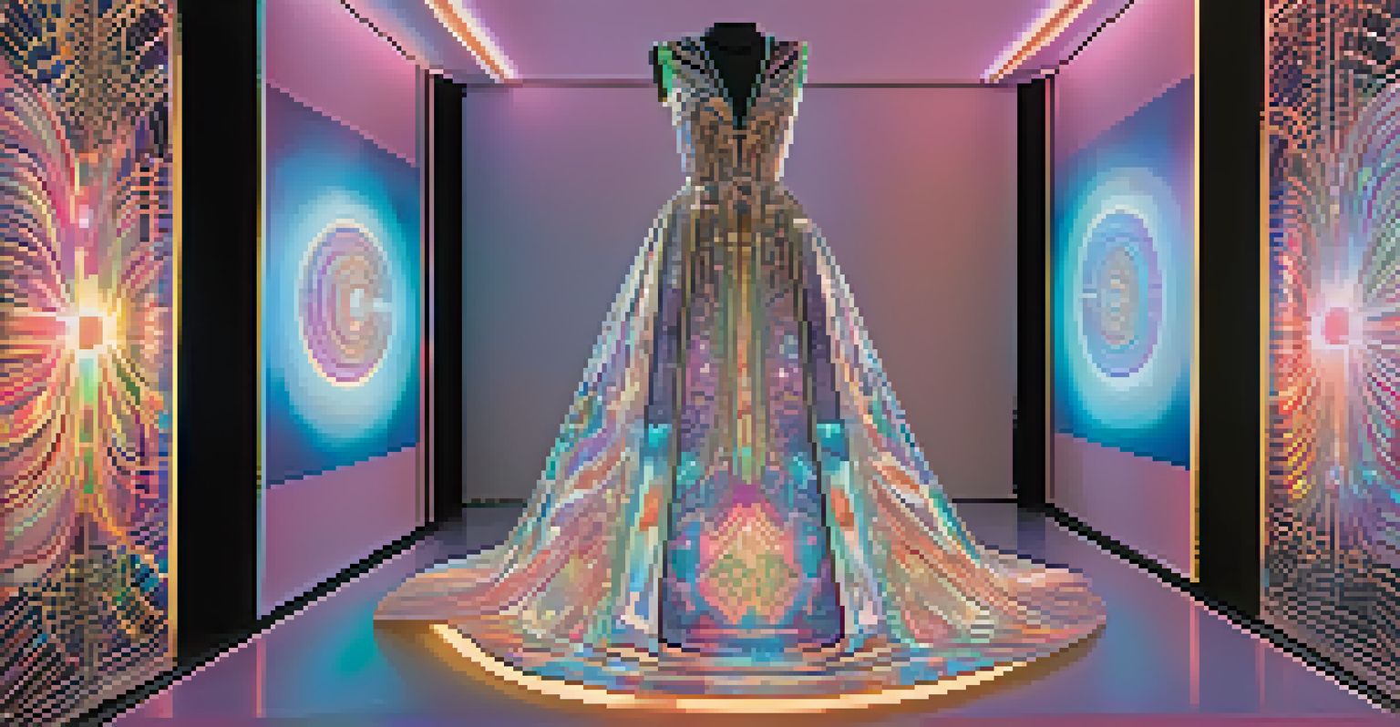 A virtual reality scene featuring a glowing digital dress with intricate patterns, set against a pastel abstract background.