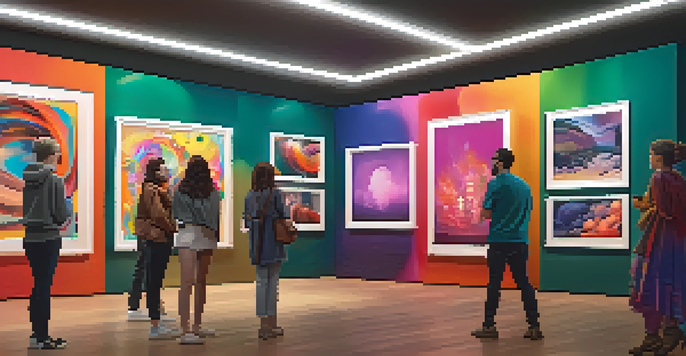 A modern virtual art gallery with colorful digital artworks and people interacting with the art and each other.