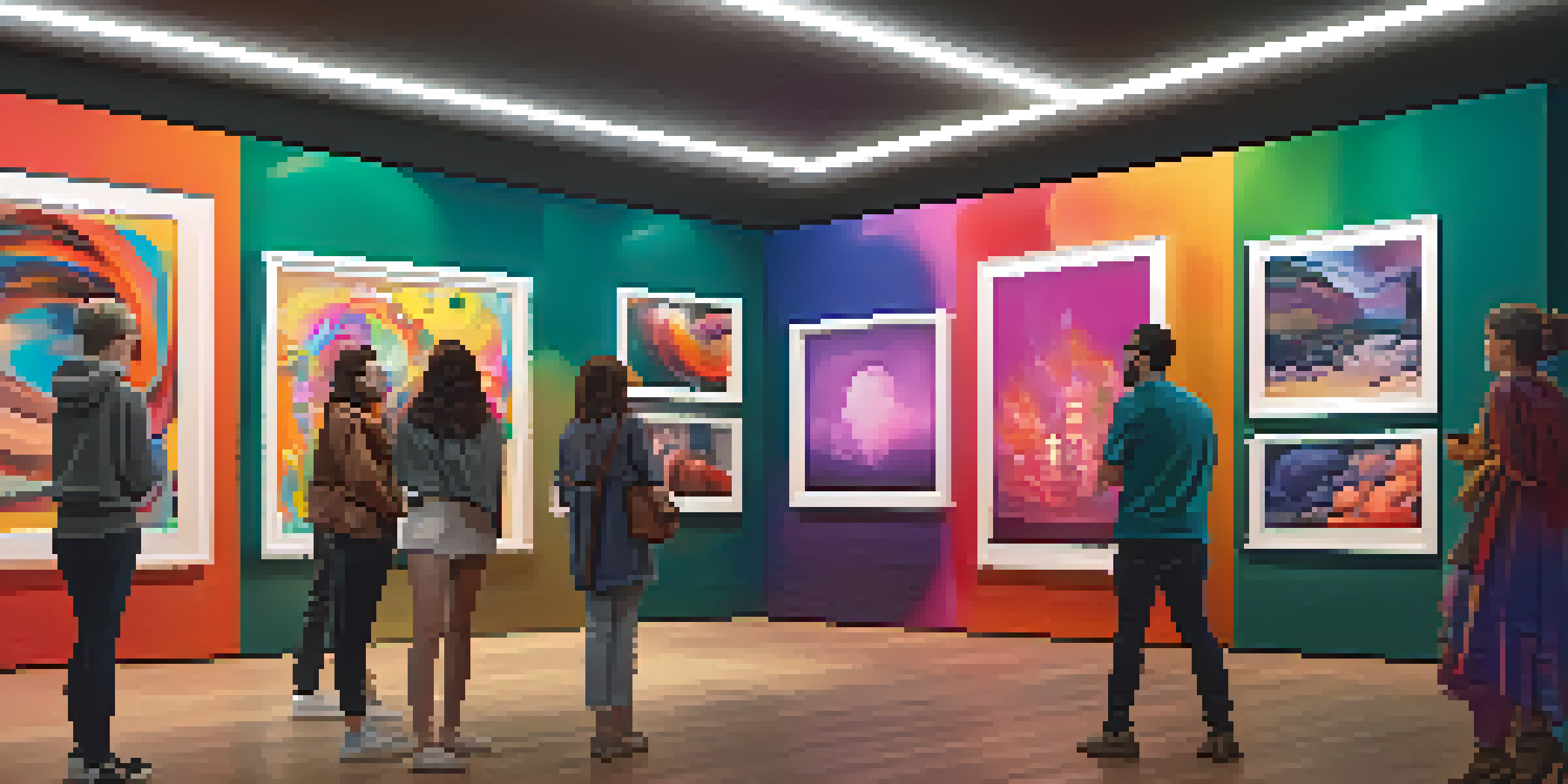 A modern virtual art gallery with colorful digital artworks and people interacting with the art and each other.