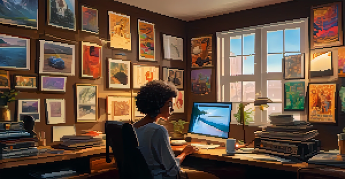 A middle-aged woman filmmaker in a cozy studio, surrounded by film posters and working on her laptop, with warm lighting and scattered storyboards.