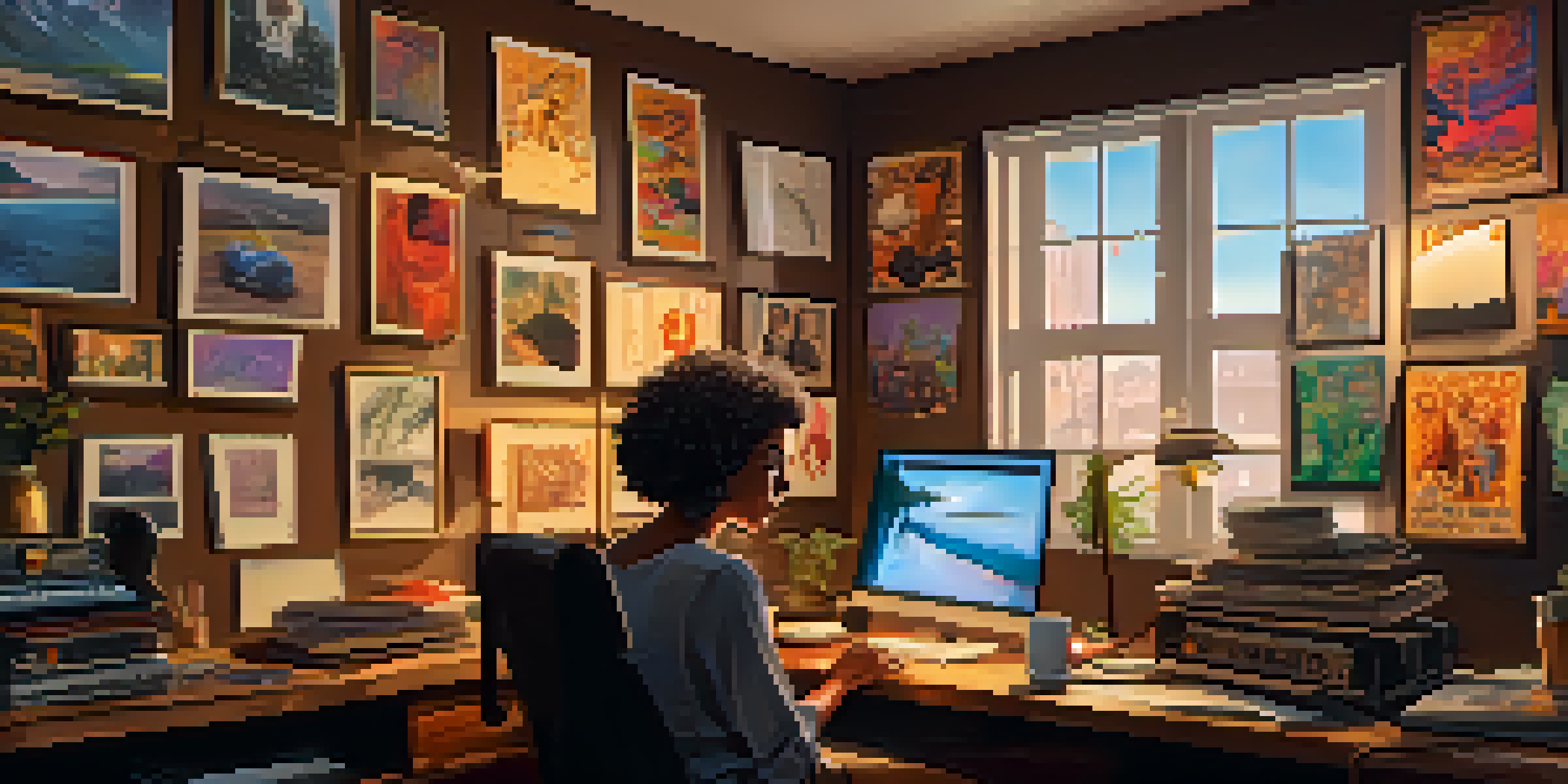 A middle-aged woman filmmaker in a cozy studio, surrounded by film posters and working on her laptop, with warm lighting and scattered storyboards.