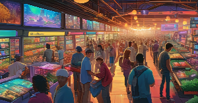 A digital marketplace filled with players trading unique NFTs and in-game assets, showcasing a lively and colorful atmosphere.