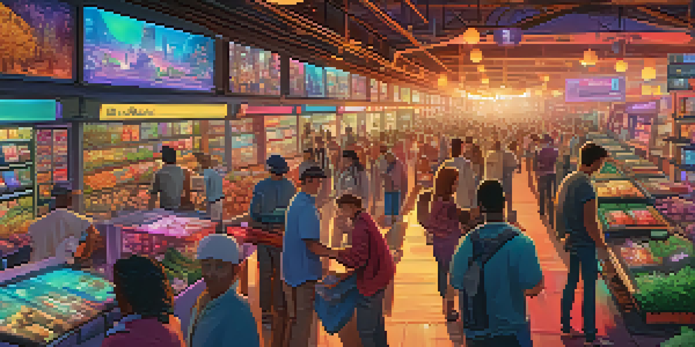 A digital marketplace filled with players trading unique NFTs and in-game assets, showcasing a lively and colorful atmosphere.