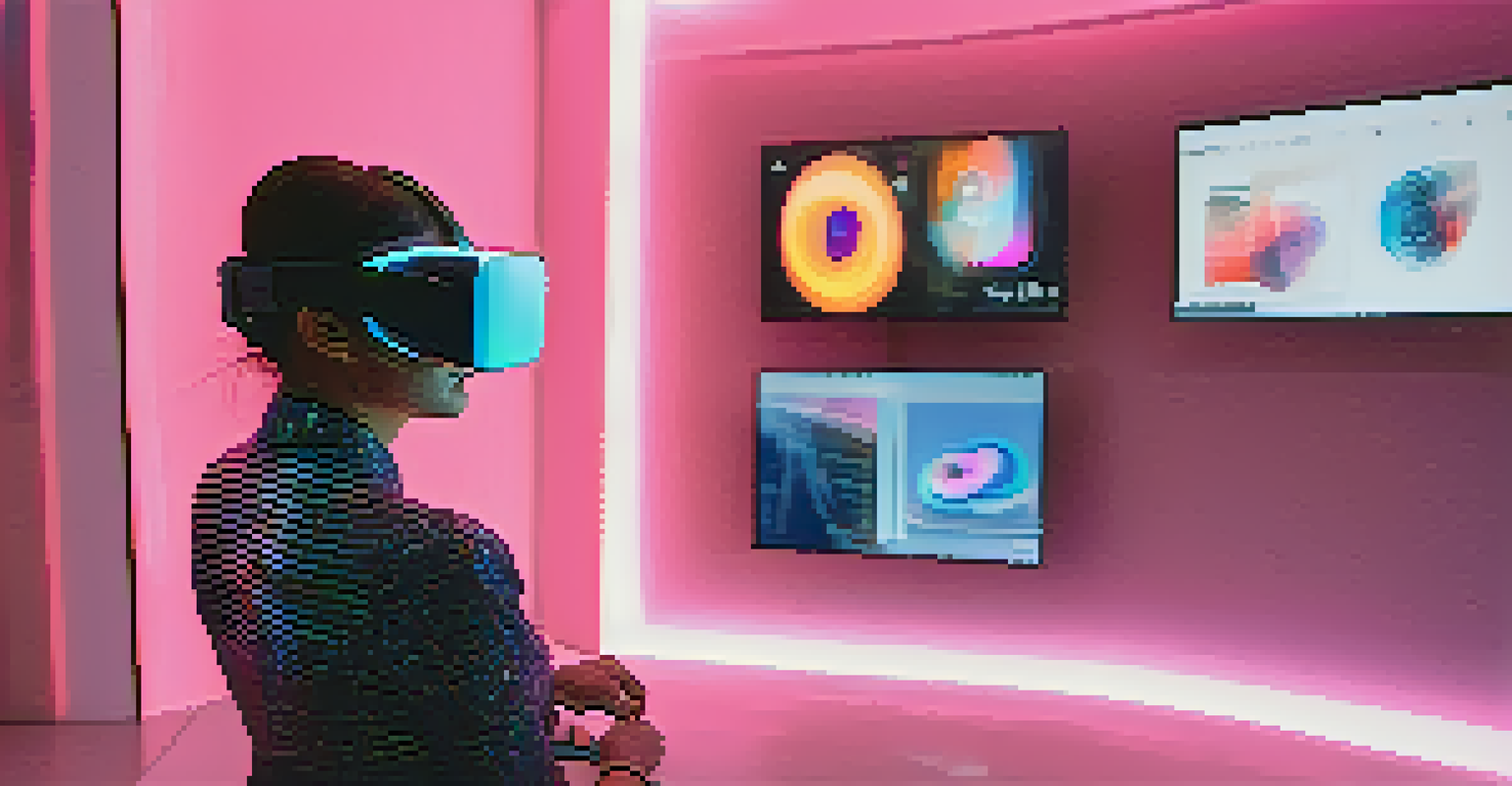 A stylish virtual reality setup showing a holographic dress and its NFT representation, with a user wearing a VR headset.