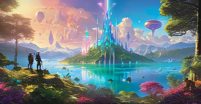 A fantasy gaming landscape with a player character holding a glowing NFT sword, surrounded by vibrant nature.