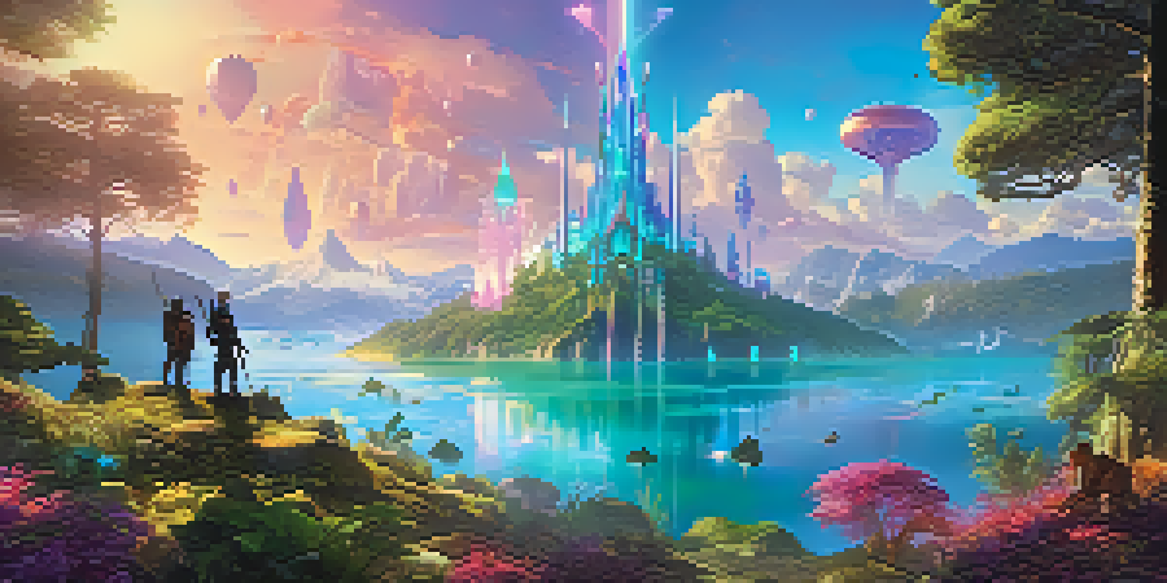 A fantasy gaming landscape with a player character holding a glowing NFT sword, surrounded by vibrant nature.
