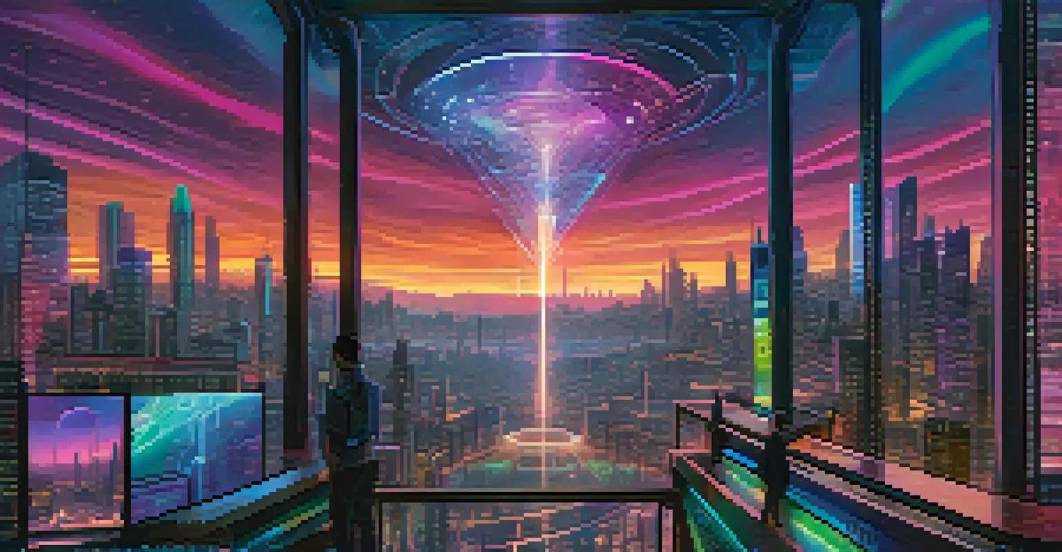 A close-up of a unique NFT artwork on a digital screen, glowing with vibrant colors against a futuristic city skyline.