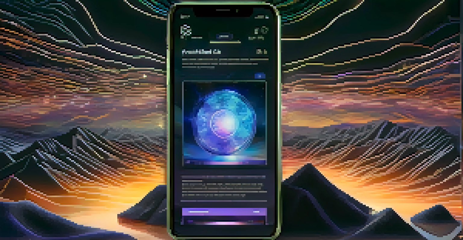 A close-up of a digital NFT token on a device, surrounded by glowing particles, illustrating its uniqueness.