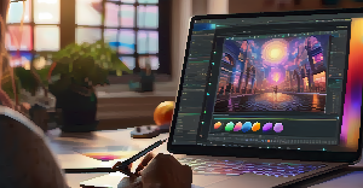 A close-up of a digital artist creating NFT artwork on a tablet, surrounded by creative tools and warm ambient lighting.