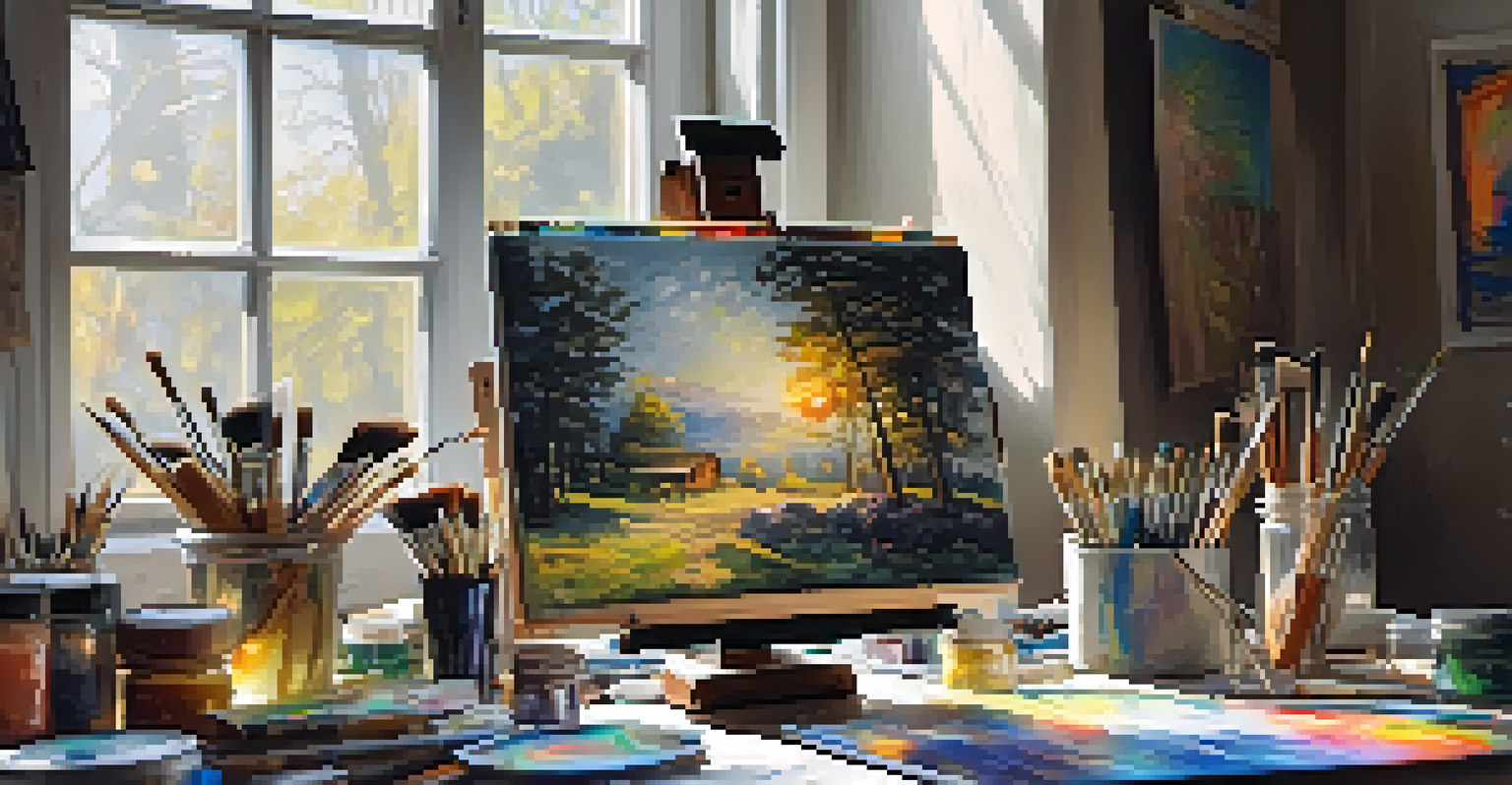 An artist's studio showcasing both traditional and digital art supplies with sunlight streaming through a window and a half-finished painting on an easel.