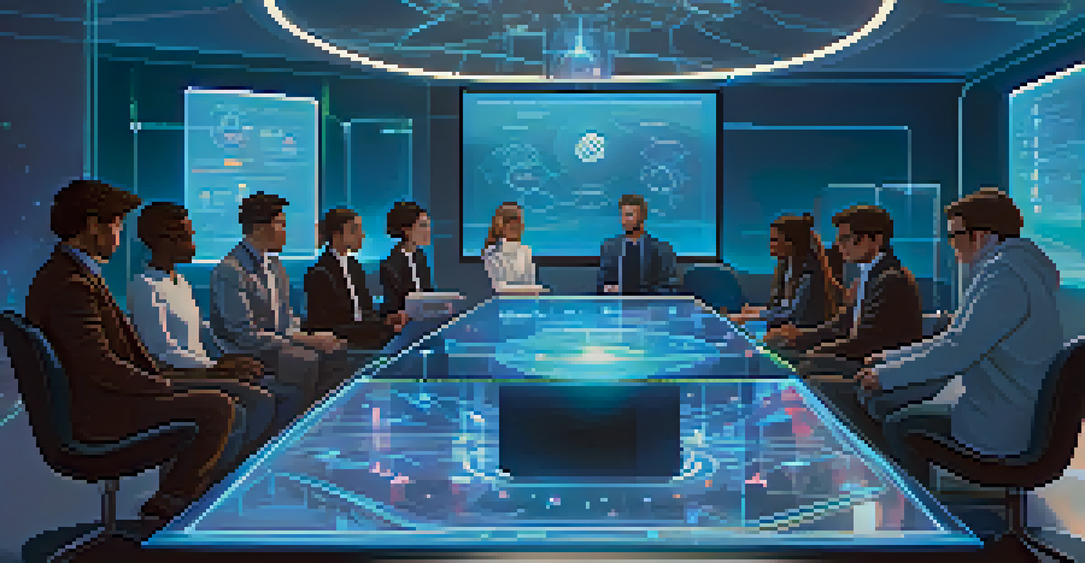 A futuristic DAO meeting with diverse individuals discussing around a holographic table, surrounded by animated charts and blue lighting.